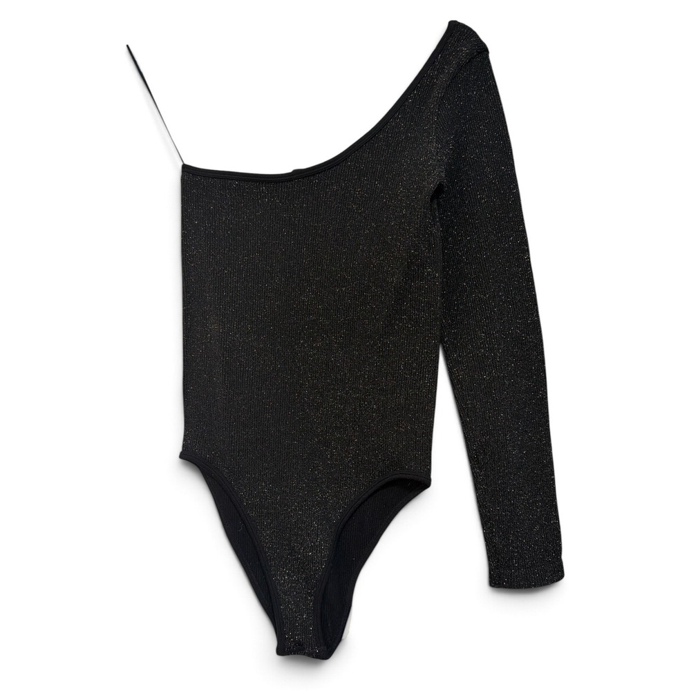 Zara Womens Black Shimmer Metallic One edgy Shoulder Ribbed Bodysuit XS NWOT